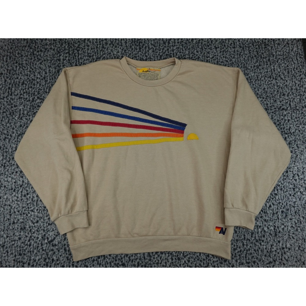 Aviator Nation Sweatshirt Unisex Large Tan 5-Stripe Rainbow Sun Crewneck USA